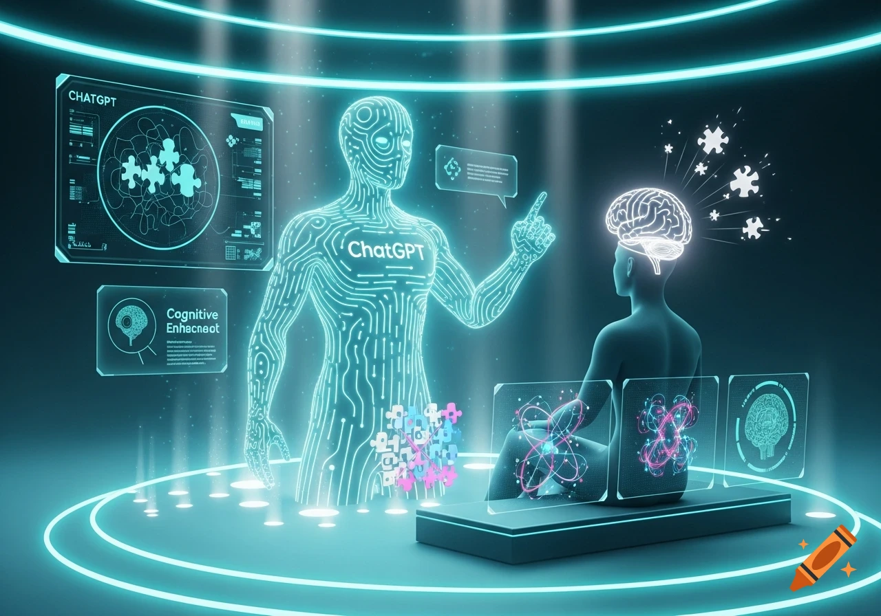 A glowing, circuit-patterned AI figure interacts with a person whose brain glows, surrounded by holographic screens displaying complex data and puzzle pieces in a futuristic, high-tech setting.