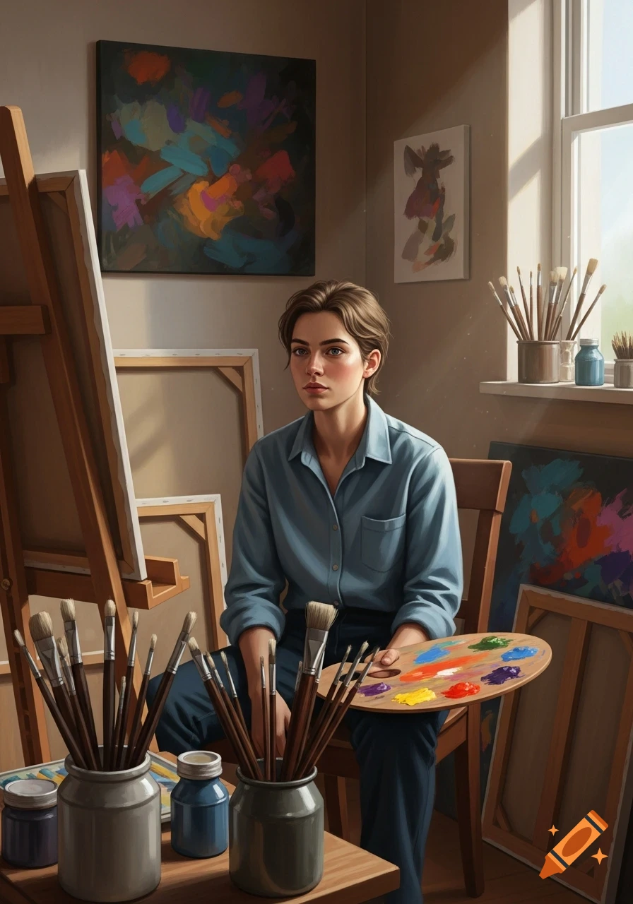 A young artist with short brown hair sits in a studio with a paint palette, surrounded by easels, canvases, and abstract paintings.