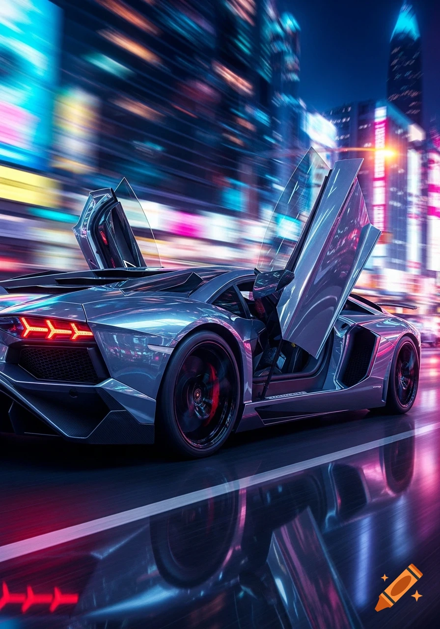A sleek gray Lamborghini Aventador with its scissor doors open speeds down a wet, neon-lit city street at night.