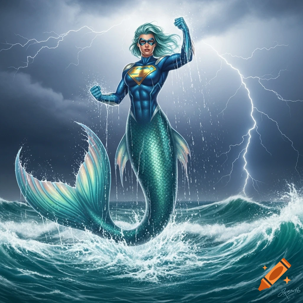 A powerful mermaid superhero with blue hair, a blue and gold 'S' emblem, and a teal tail emerges from stormy seas with lightning.