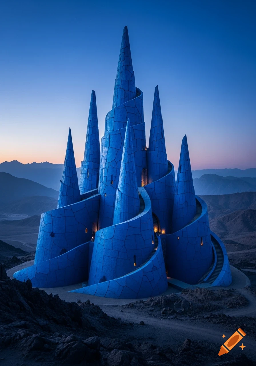 A massive, spiraling blue palace with conical towers and a cracked texture stands in a desert landscape under a twilight sky.