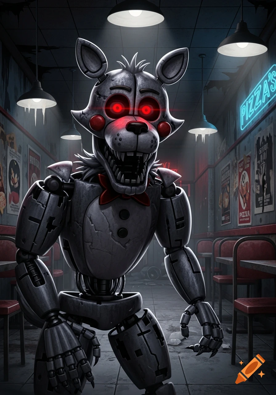 A creepy, grey, fox-like animatronic robot with glowing red eyes and sharp teeth stands in a dark, abandoned pizzeria with a neon 'PIZZA'S' sign.