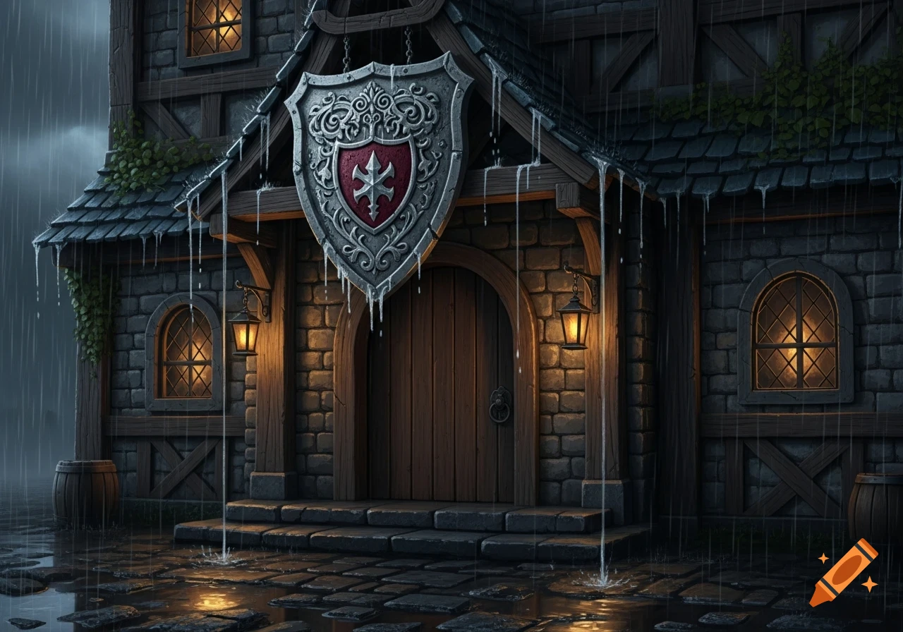 A detailed digital painting of a dark fantasy tavern with a shield sign, glowing lanterns, and stone walls, on a rainy day with puddles.