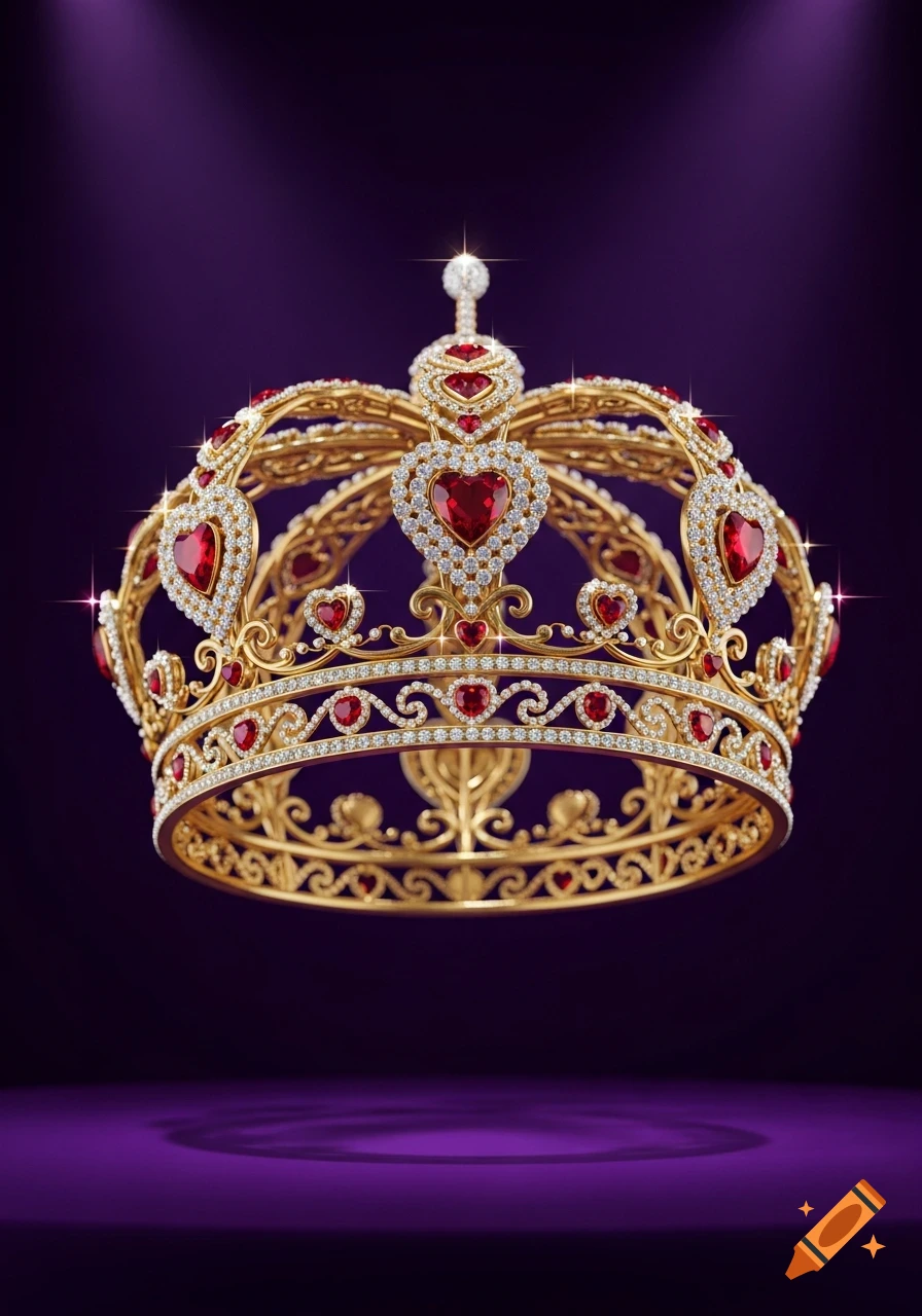 A luxurious golden crown adorned with red heart-shaped rubies and sparkling diamonds, set against a deep purple background.