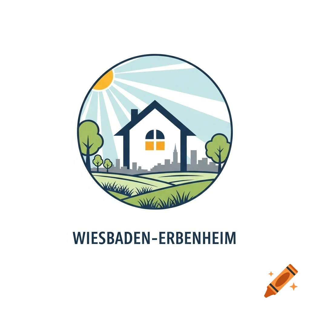 A flat vector logo of a house, sun, trees, and cityscape within a circle, with text 'WIESBADEN-ERBENHEIM'.