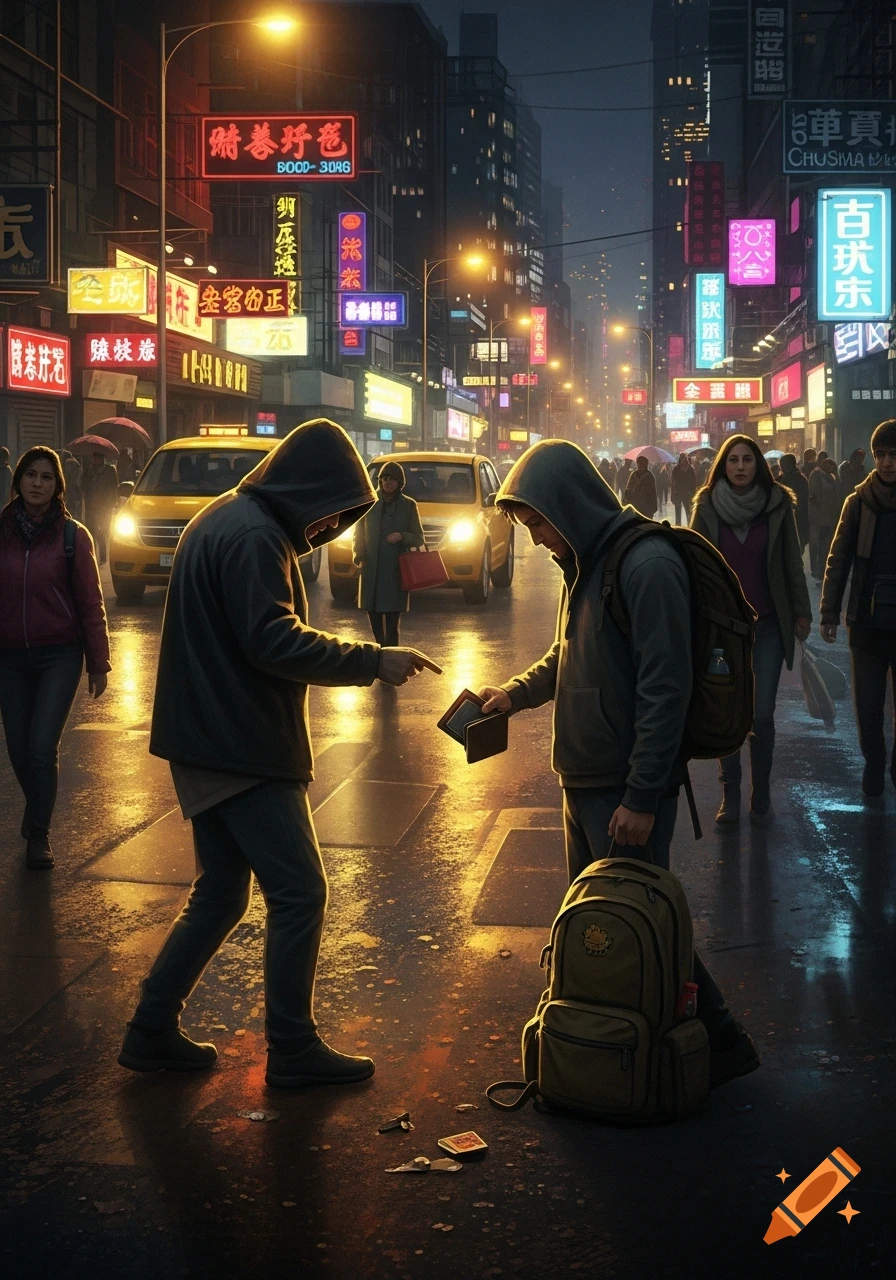 Two hooded figures interact on a rainy, neon-lit city street at night, one pointing at the other holding a wallet, with a backpack on the wet ground.