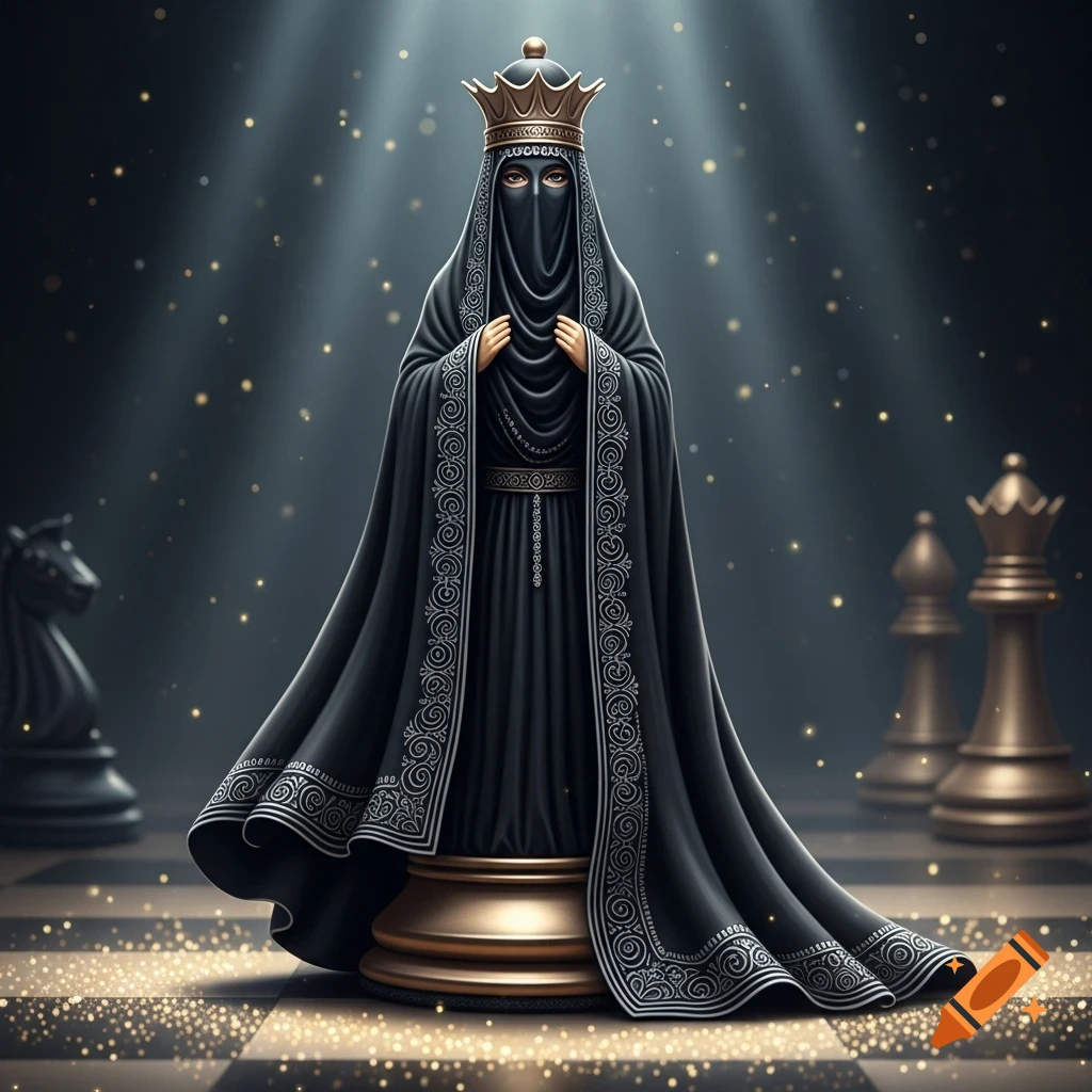 A majestic chess queen figure, cloaked in a black burqa with intricate patterns and a golden crown, stands on a chessboard under dramatic light.