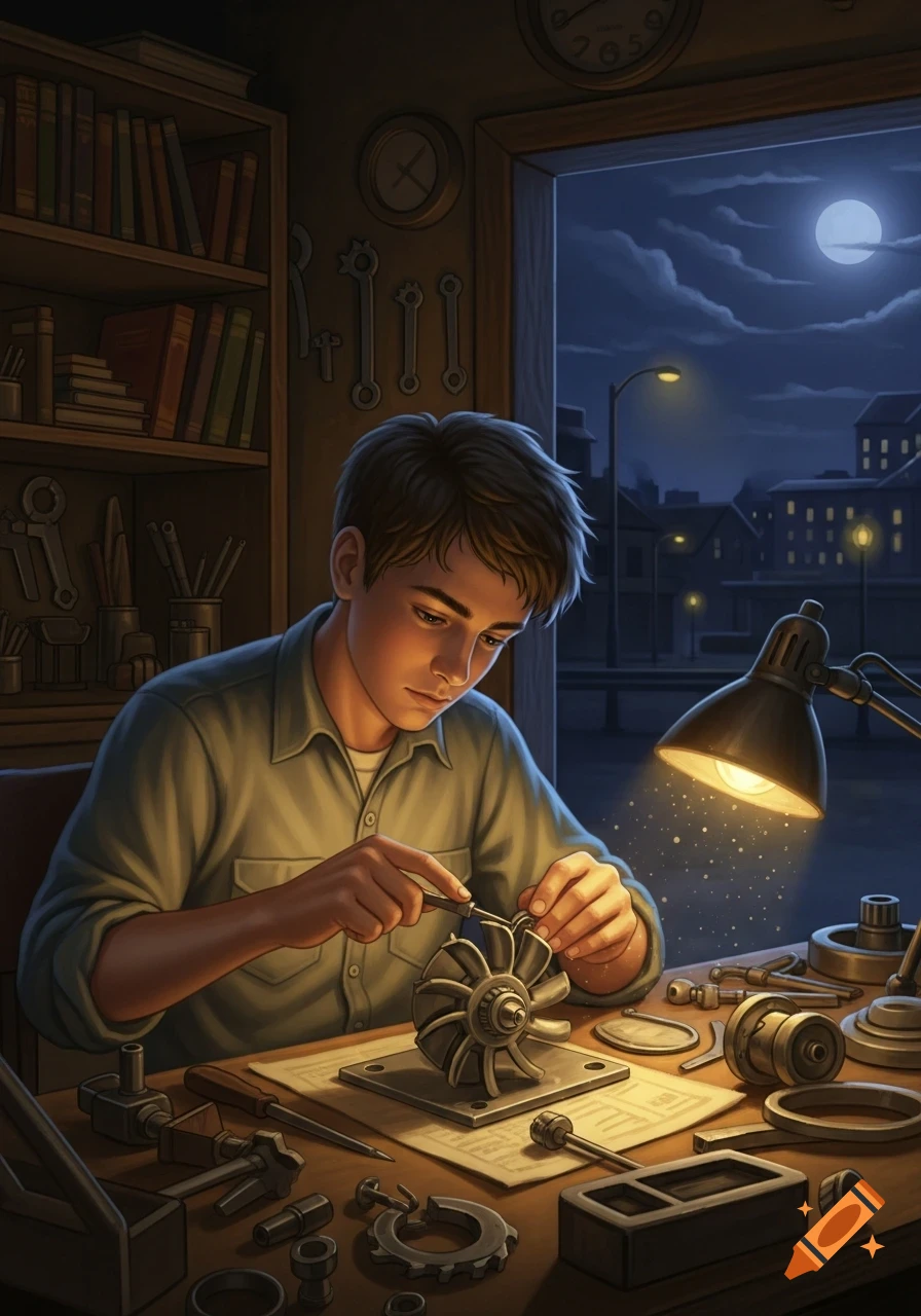 A young boy focuses intently on assembling a metallic turbine at a desk, surrounded by tools and books, bathed in warm lamplight, with a moonlit town visible outside a window at night.