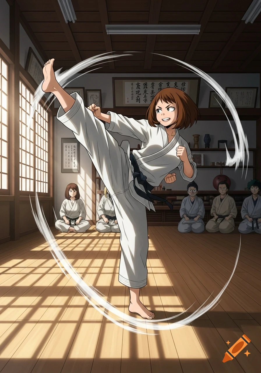 Anime character Ochako Uraraka in a white karate gi performing a high kick in a dojo, with other students sitting in the background.