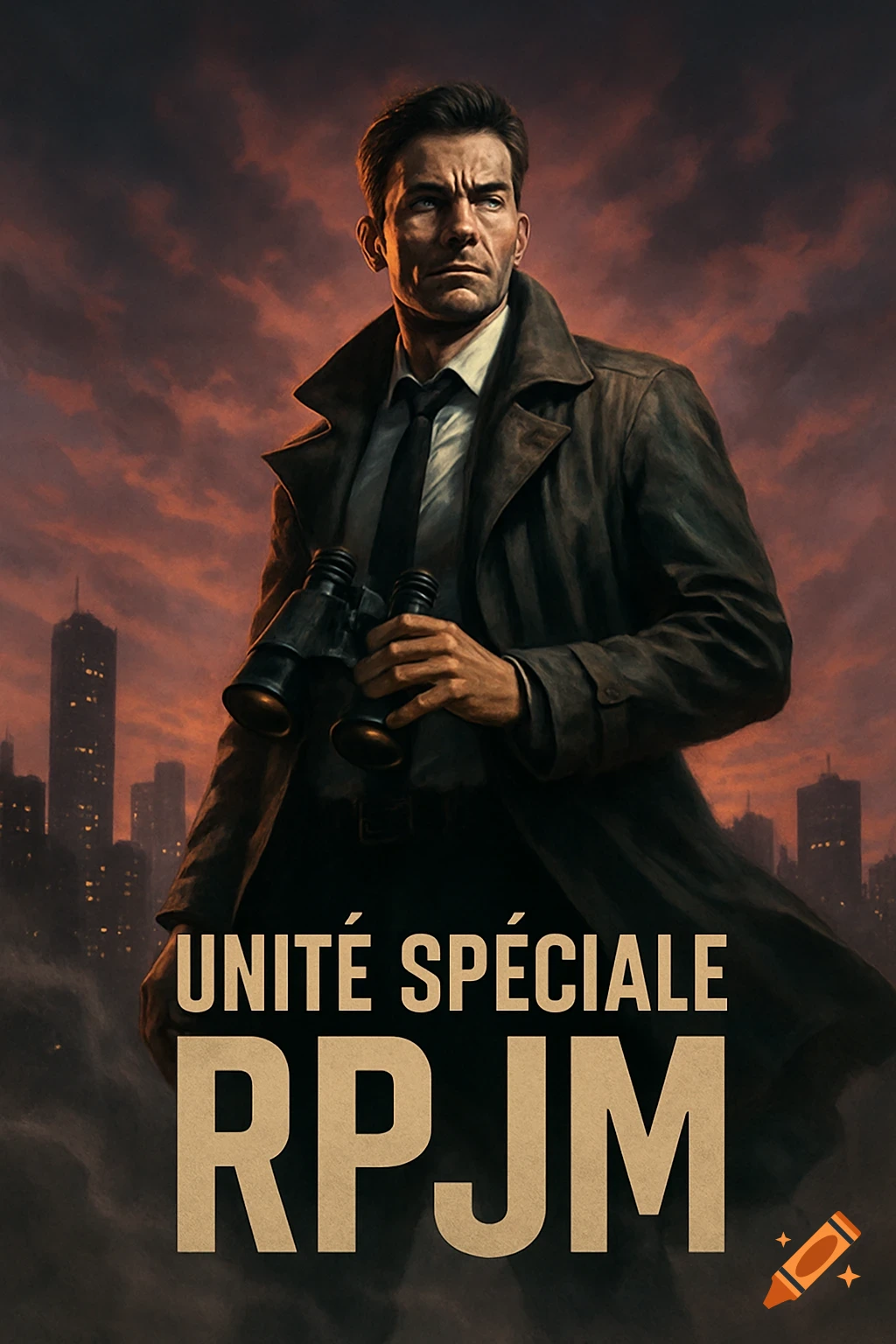 A stern detective in a trench coat holds binoculars in front of a city skyline at sunset. Text reads "UNITÉ SPÉCIALE RPJM".
