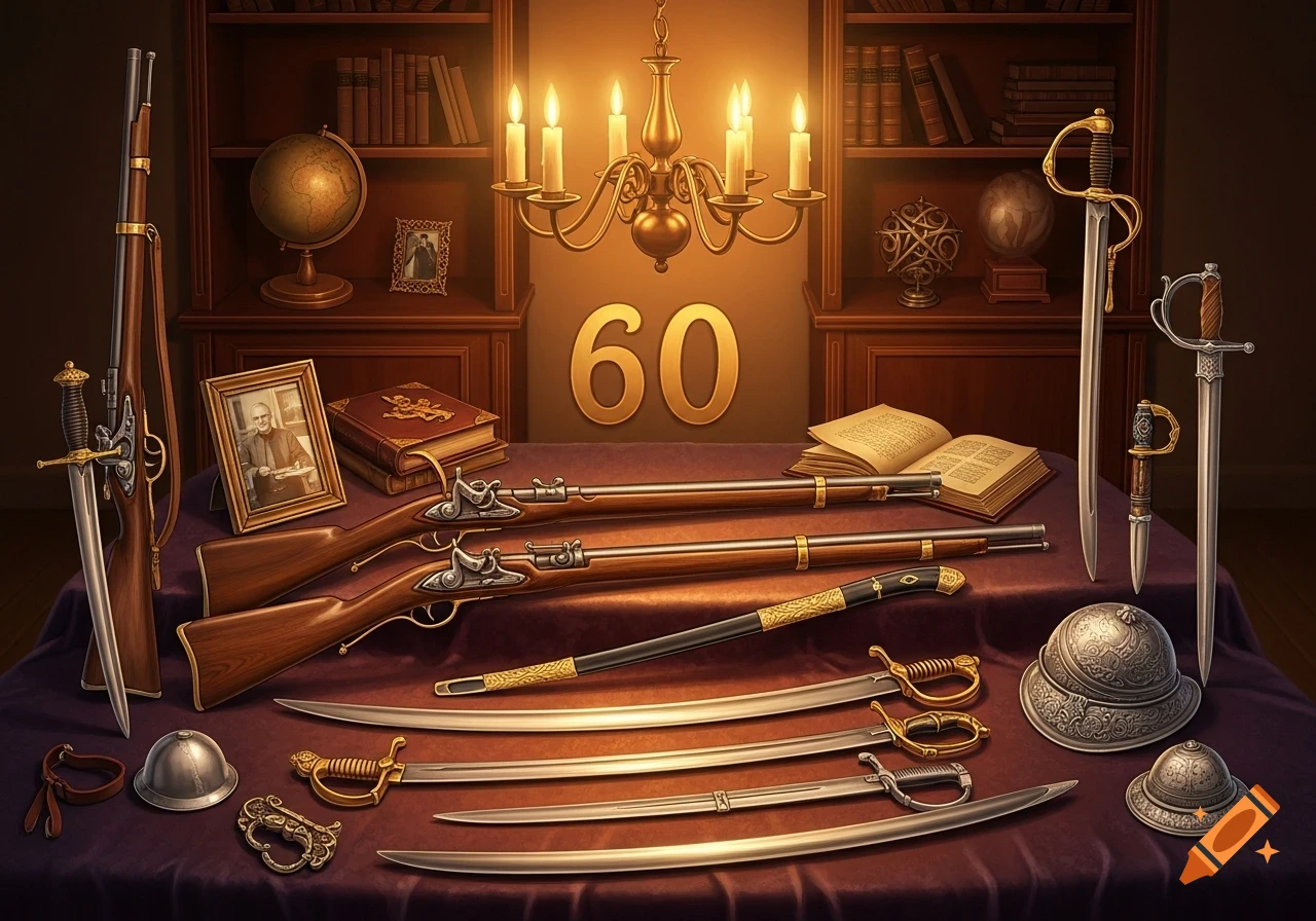 A collection of antique rifles, swords, helmets, and books arranged on a table in a dimly lit study, with a large '60' in the background.
