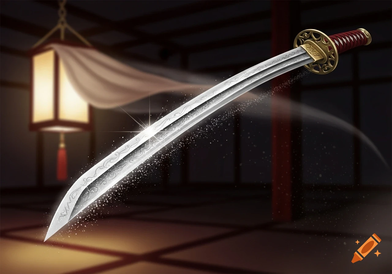 A gleaming, ornate Japanese-style sword (katana) sparkles as it moves, set against a dark room with a traditional paper lantern.