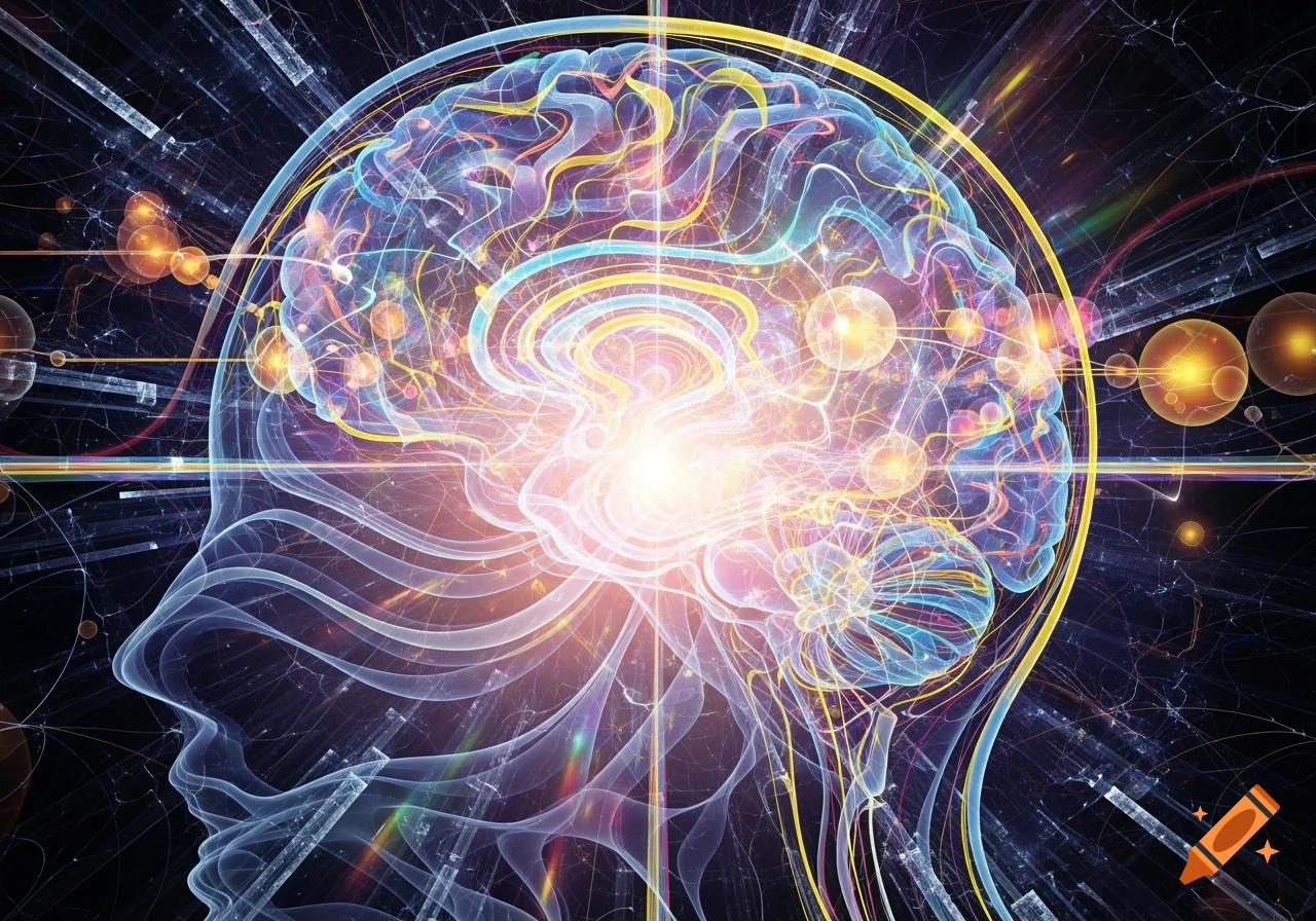 Abstract, glowing, colorful translucent human brain with intricate patterns and light against a dark background.