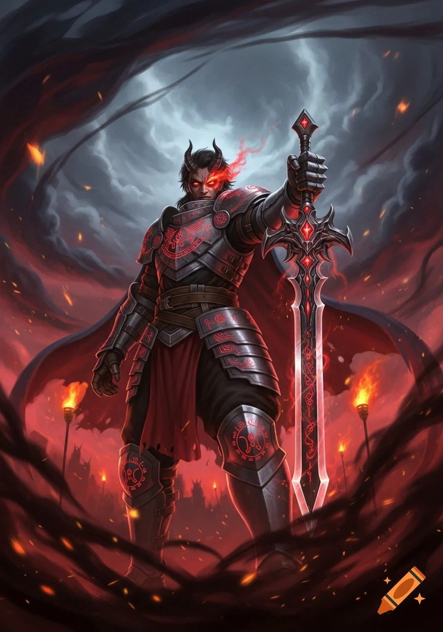 A horned warrior in dark, glowing red armor holds an ornate, fiery sword in a smoky, red-hued fantasy battleground.
