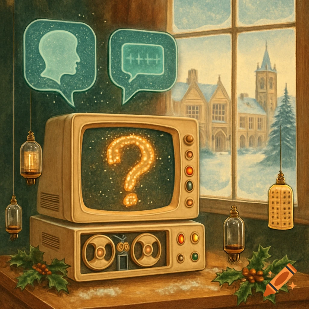 A retro-futuristic Christmas illustration featuring a vintage computer with a glowing question mark on its screen, surrounded by holly and hanging vacuum tubes, set against a snowy window view of a British university campus.