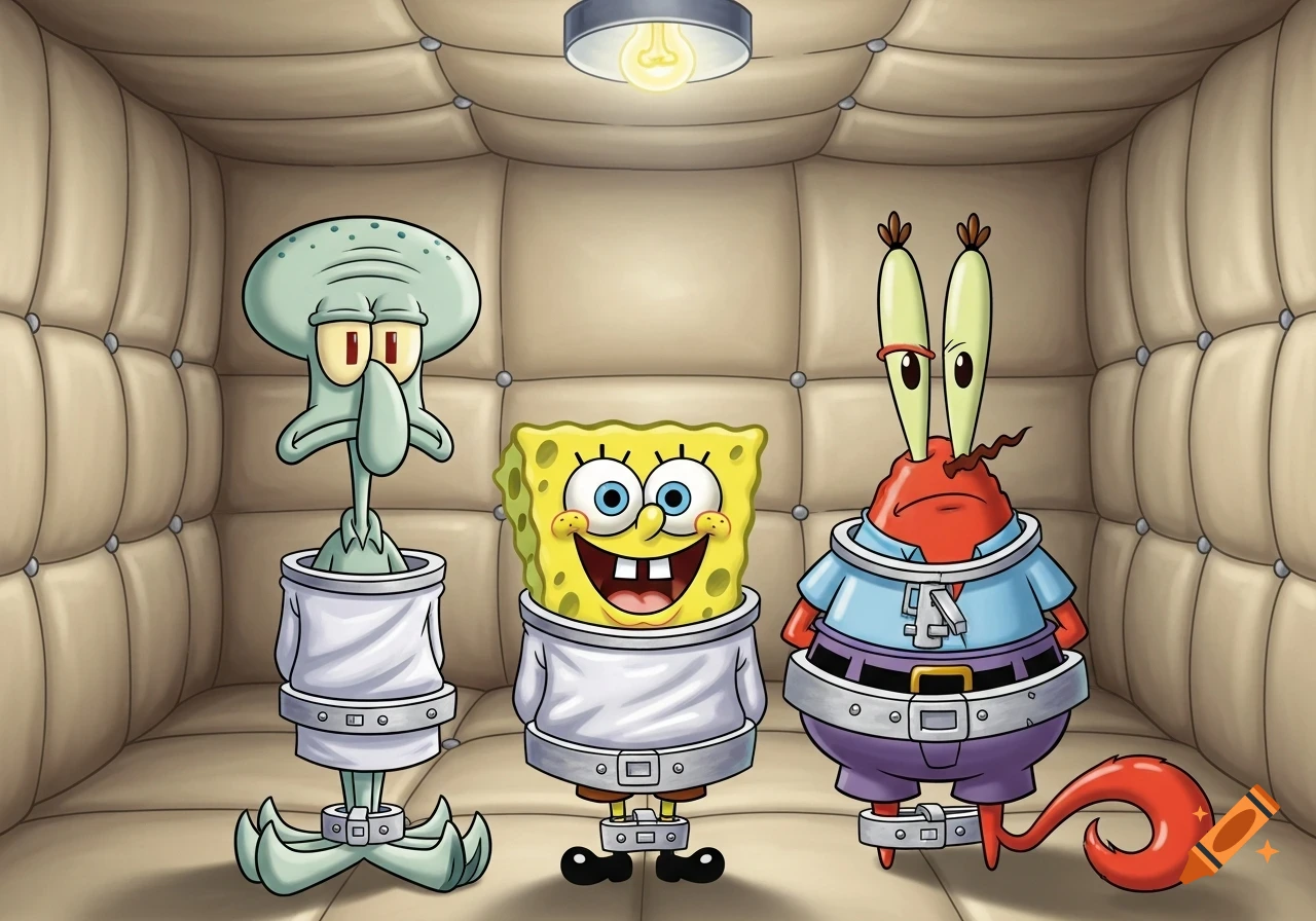 Spongebob, Squidward, and Mr. Krabs in straight jackets inside a padded room, cartoon style.