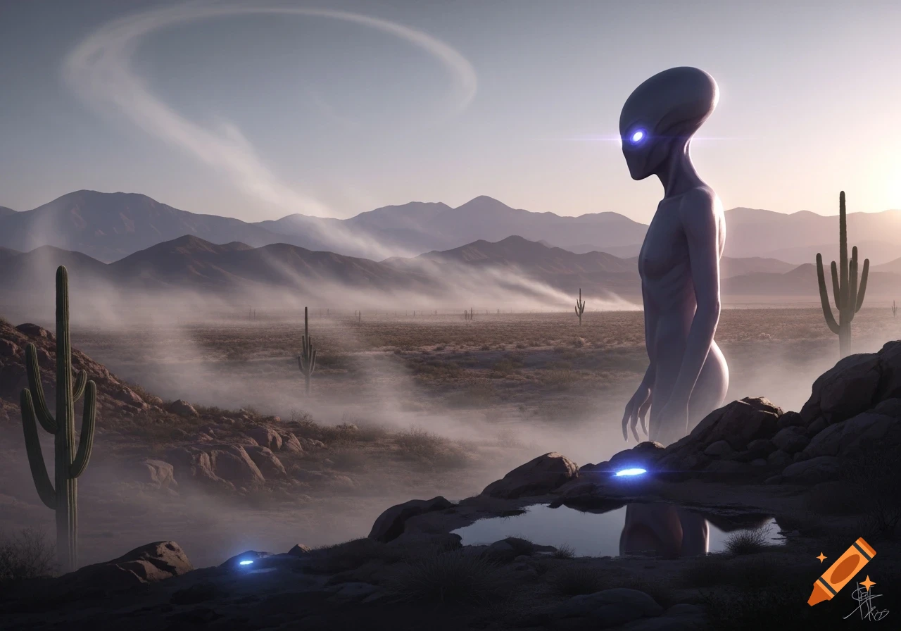 A slender grey alien with glowing blue eyes stands on a rocky outcrop in a foggy desert landscape with cacti and mountains under a bright sky.