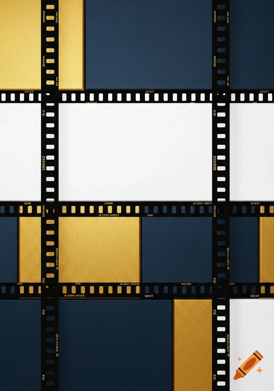 Abstract pattern of black film strips forming a grid over gold, navy, and white blocks.