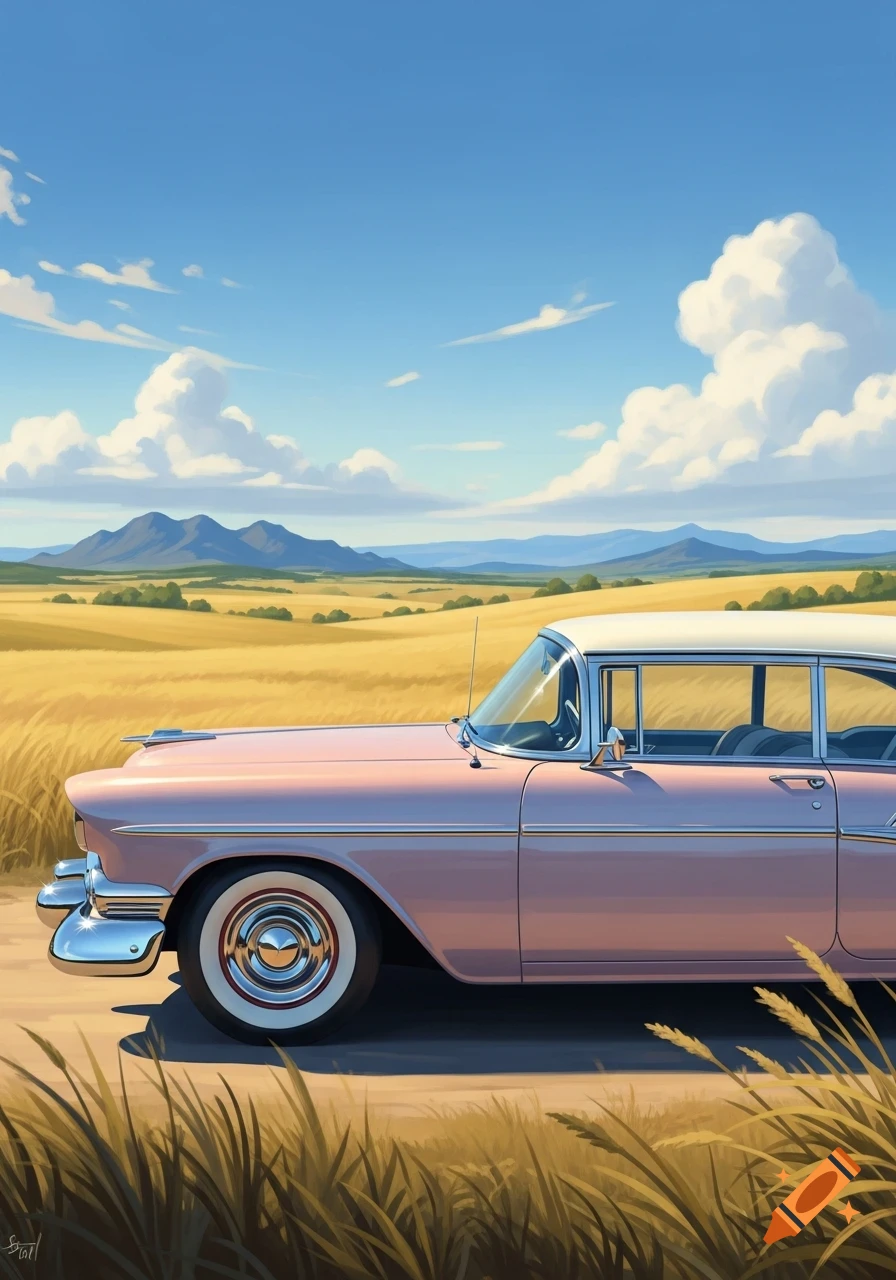 A stylized illustration of a pink vintage car with a white roof on a dirt road in a golden field under a blue sky with white clouds and distant mountains.