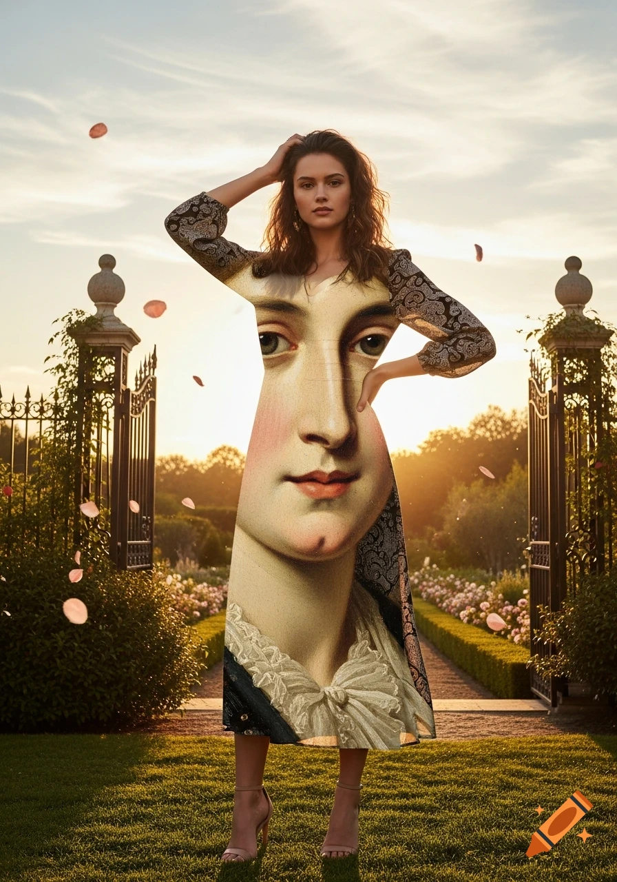A woman stands in a garden at sunset, wearing a dress with a classical portrait embedded on it.