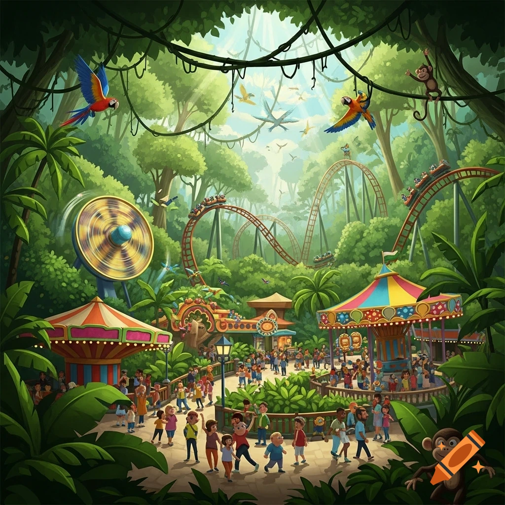 A colorful cartoon illustration of a jungle-themed amusement park with roller coasters, carousels, a Ferris wheel, and many visitors.