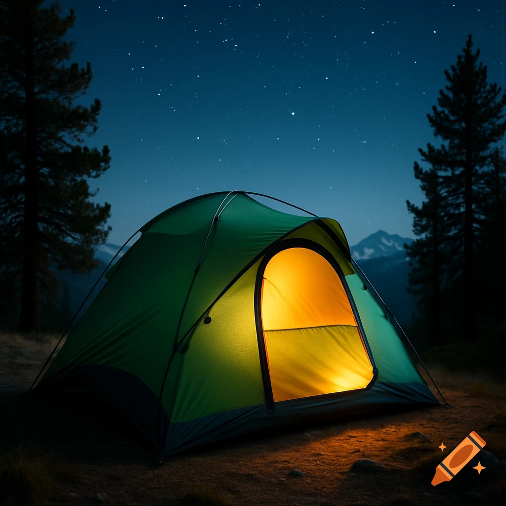 A green tent glows warmly from within, pitched under a clear, starry night sky with silhouetted trees and distant mountains.