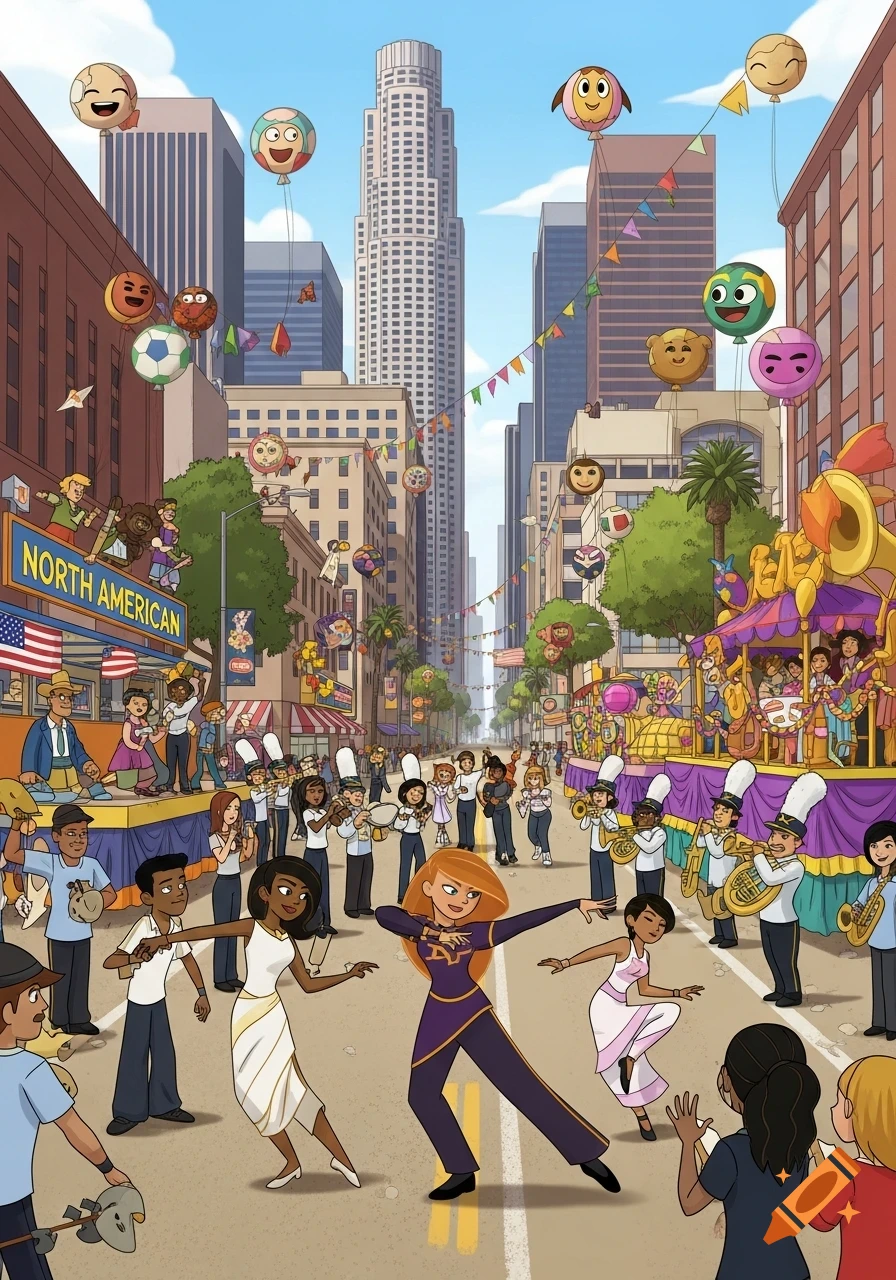 A vibrant cartoon depicts a street parade in a city, with dancers, a marching band, and character balloons floating above skyscrapers.