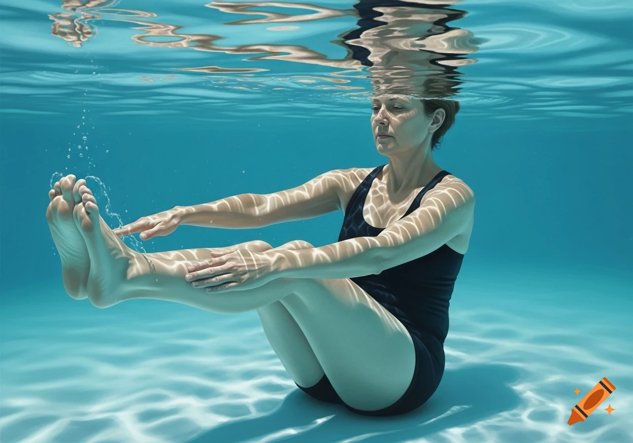 A woman in a black swimsuit performs leg exercises underwater, with light patterns on her body and the pool floor.