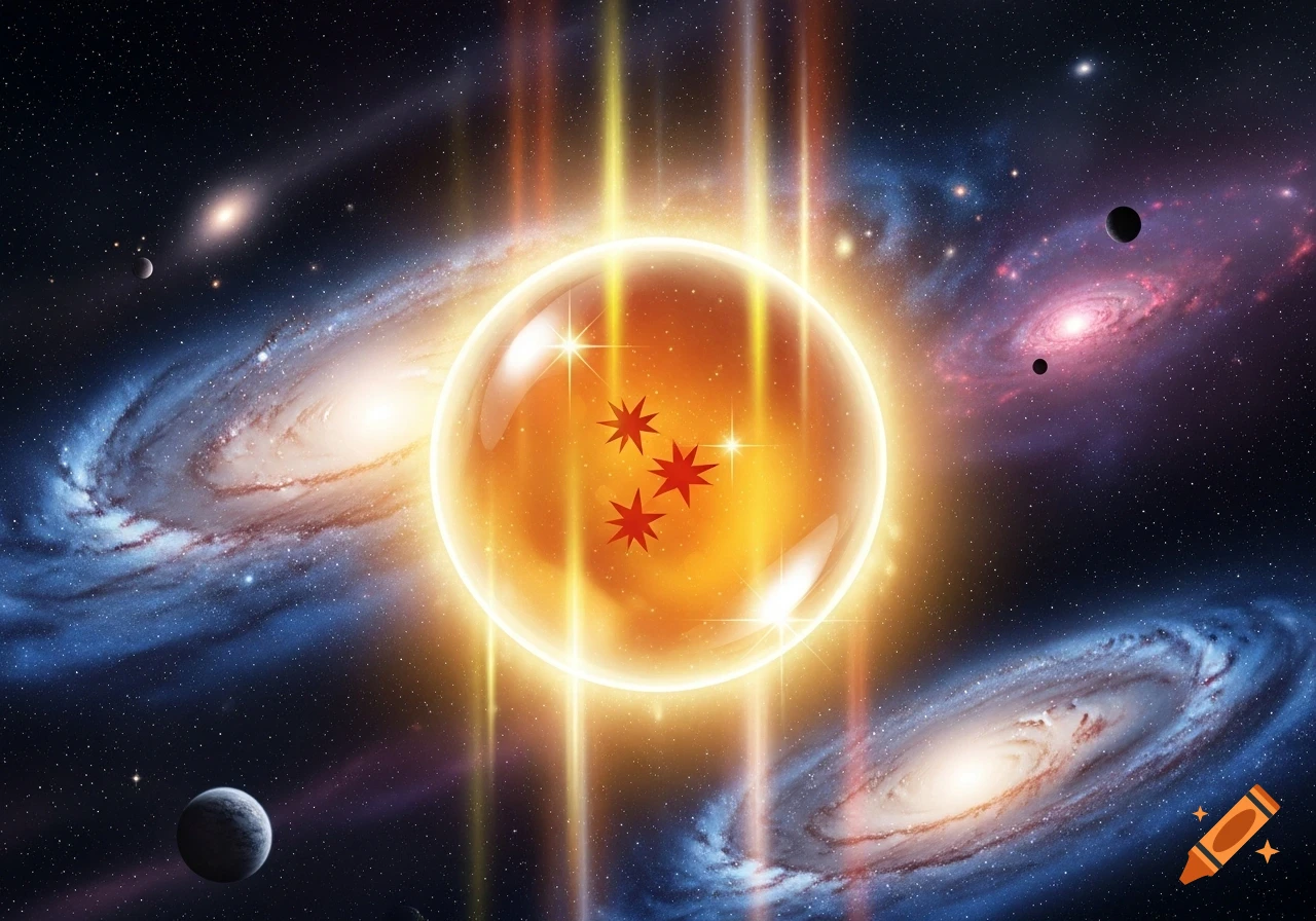 A glowing orange Dragon Ball with three red stars floating amidst colorful galaxies and planets in deep space.