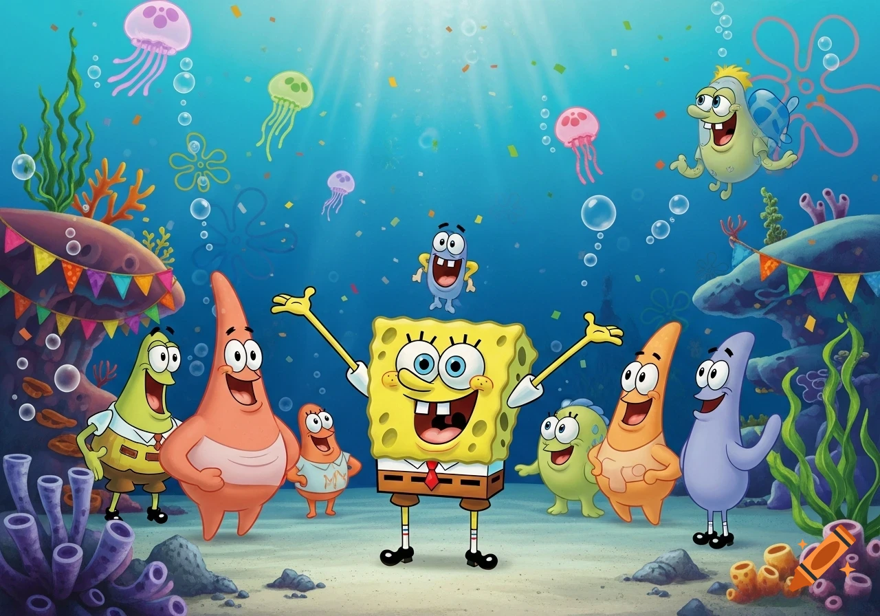Spongebob Squarepants and his friends, including Patrick and other marine creatures, celebrating underwater with confetti and jellyfish.
