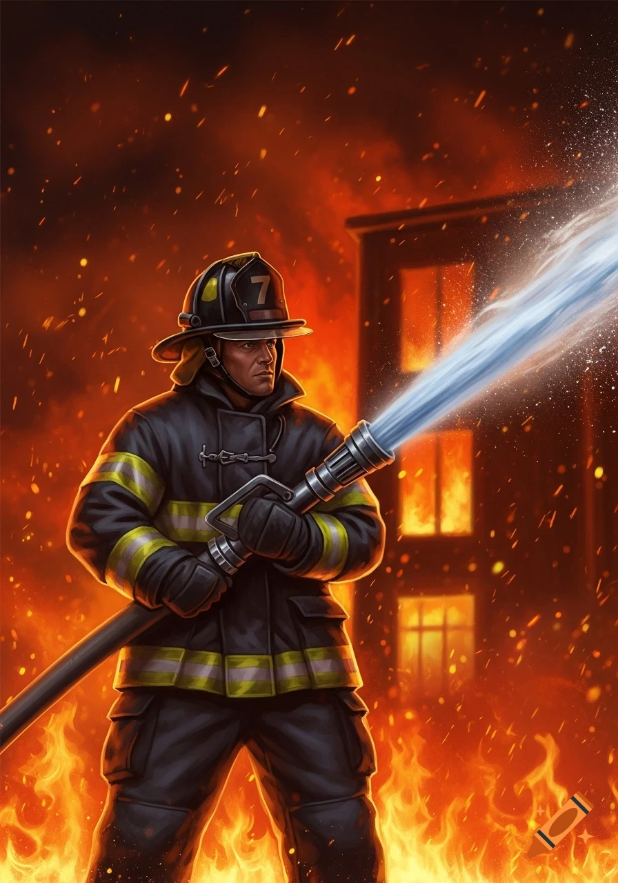 An illustrated firefighter in gear sprays water onto a large building engulfed in flames.
