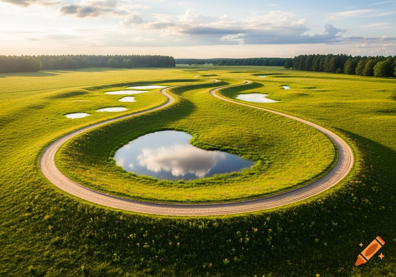 Aerial view of a winding dirt path through a vibrant green meadow with small ponds reflecting the sky, bordered by a forest.