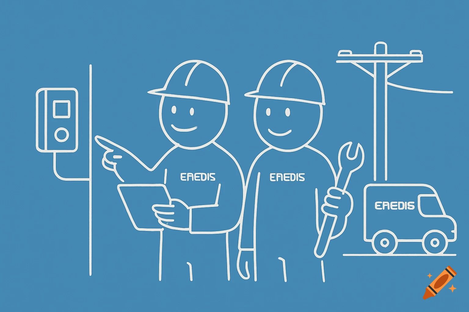A minimalist line art illustration on a blue background shows two smiling utility workers, an electric meter, a utility pole, and a service van.