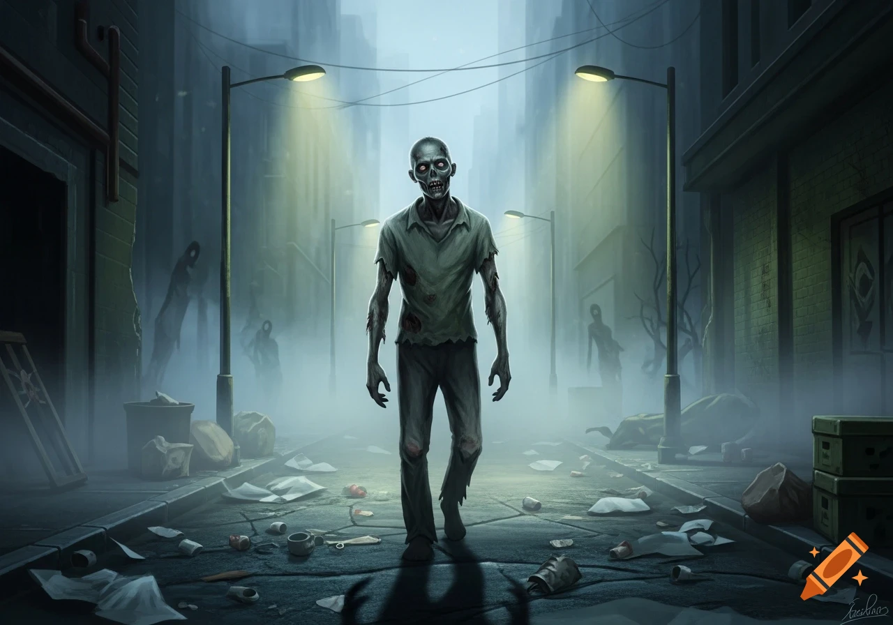 A terrifying zombie with glowing red eyes and torn clothes walks down a misty, abandoned city street littered with trash, in a digital art style.