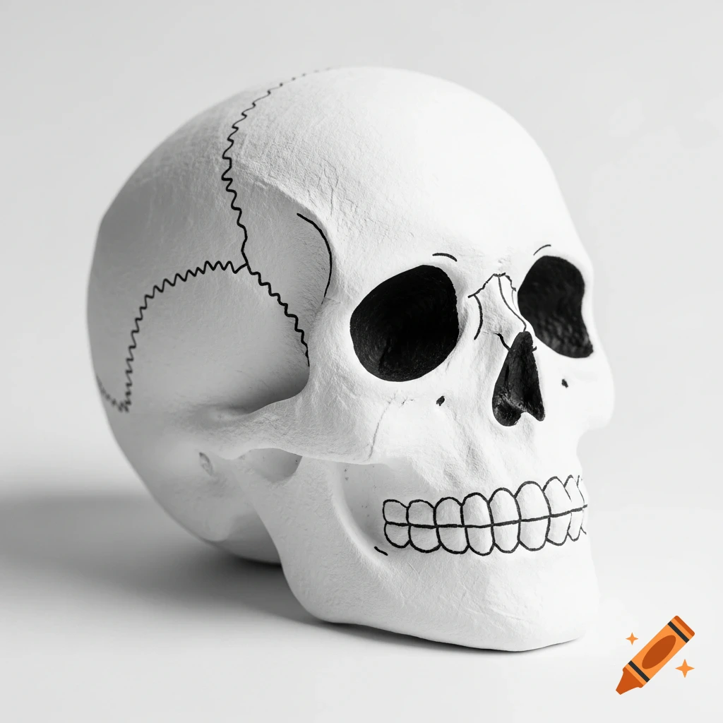 A white papier-mâché skull model with black drawn sutures and teeth, on a bright, clean background.