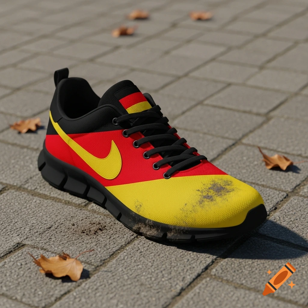 Photorealistic image of a sneaker in German flag colors (black, red, yellow) with dirt on the toe, on a paved surface with leaves.