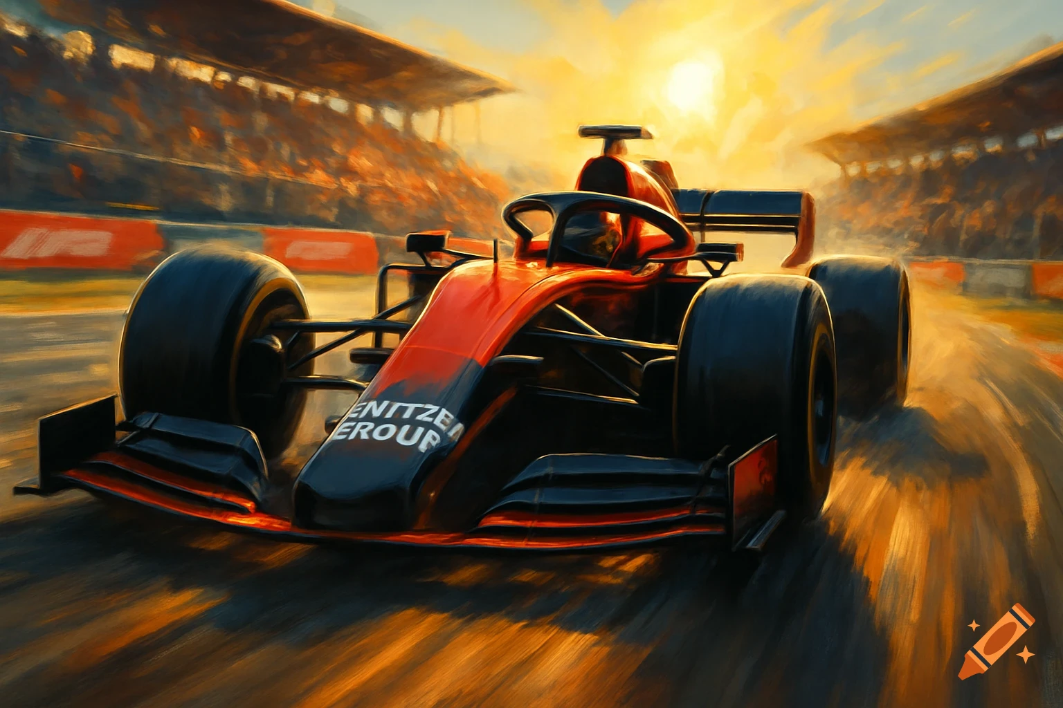 A vibrant painted image of a red and black Formula 1 car speeding on a ...