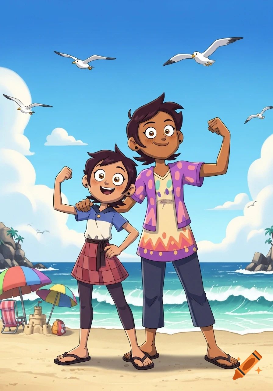 Luz and her mom from The Owl House flex muscles on a sunny cartoon beach with seagulls and a sandcastle.