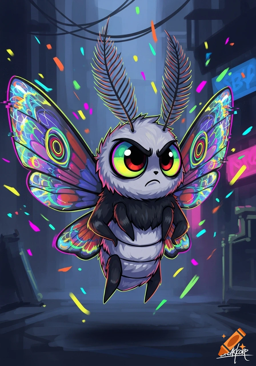 A grumpy, cute anthropomorphic moth with vibrant, rainbow wings and eyes floats against a dark city street with neon lights and colorful confetti, cartoon style.