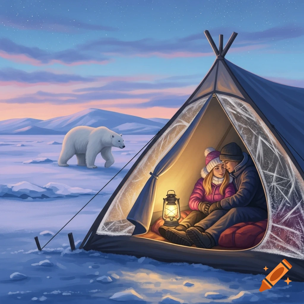Illustration of a couple embracing inside a lit tent in a snowy Arctic landscape with a polar bear walking by.