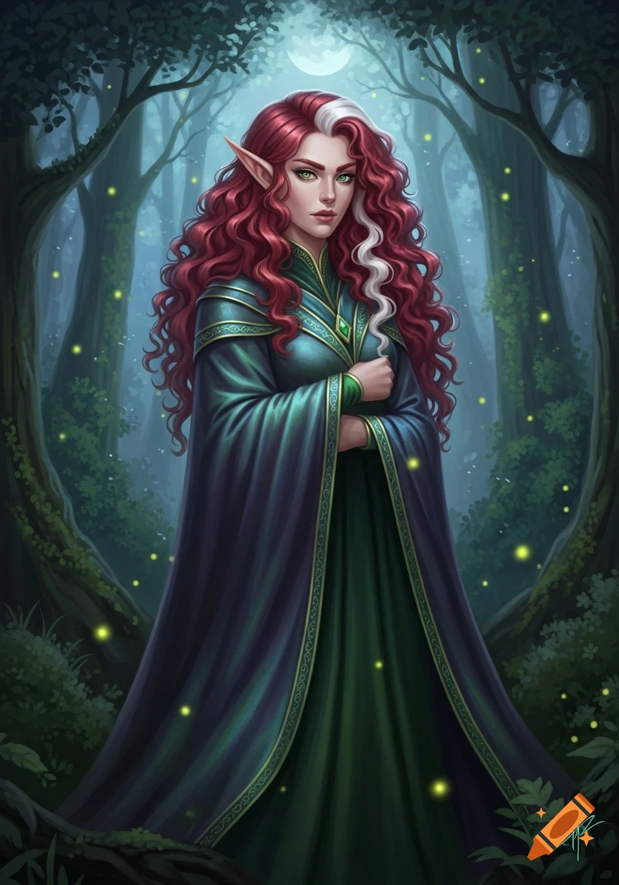 A tall elf woman with curly red hair and a white streak, wearing a green and purple robe, stands in an enchanted forest with fireflies under a full moon.