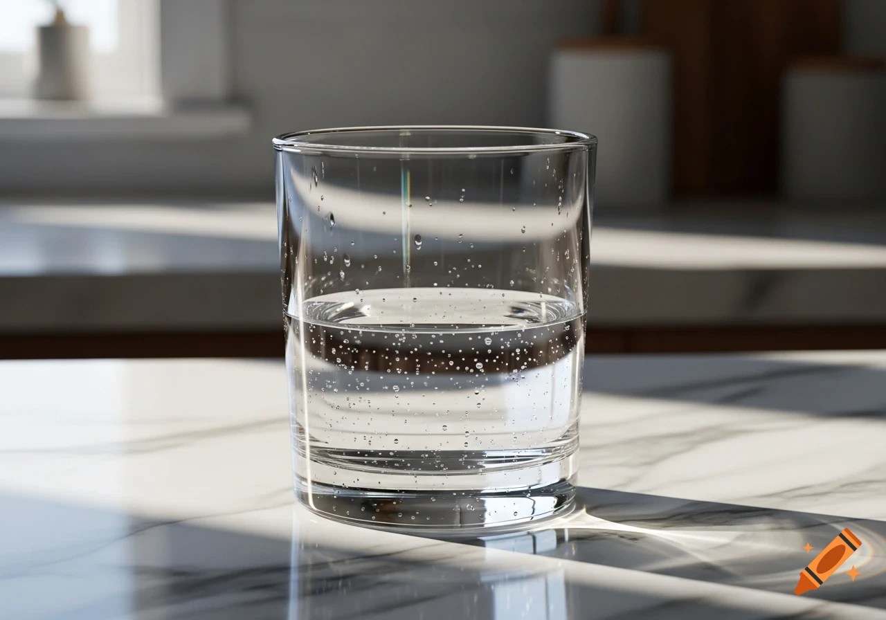 A clear glass of water, half-full with bubbles and droplets, sits on a sunlit white marble countertop, photorealistic.