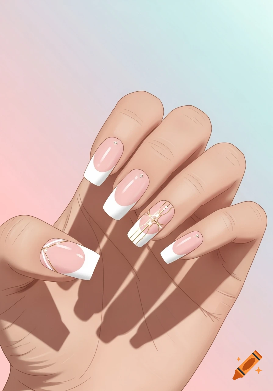 Illustrated hand with French tip nails, pink and white, accented with gold stripes and star gems against a pink and blue gradient.