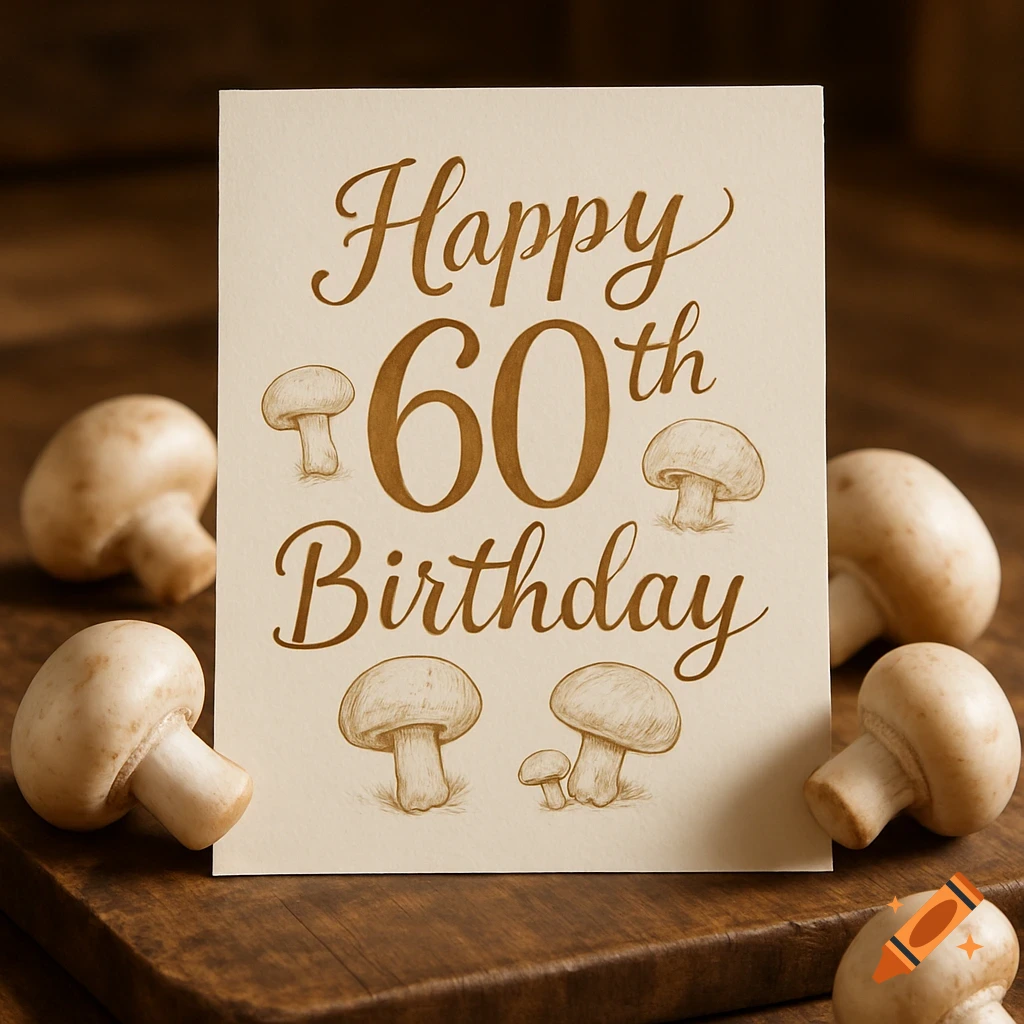 A photorealistic 60th birthday greeting card, adorned with mushroom illustrations and surrounded by real mushrooms on a wooden surface.