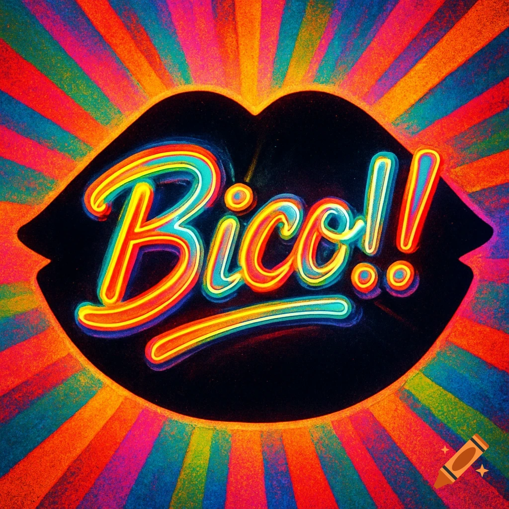 Neon-style 'Bico!!' text within a black silhouette of lips, surrounded by vibrant rainbow-colored rays.