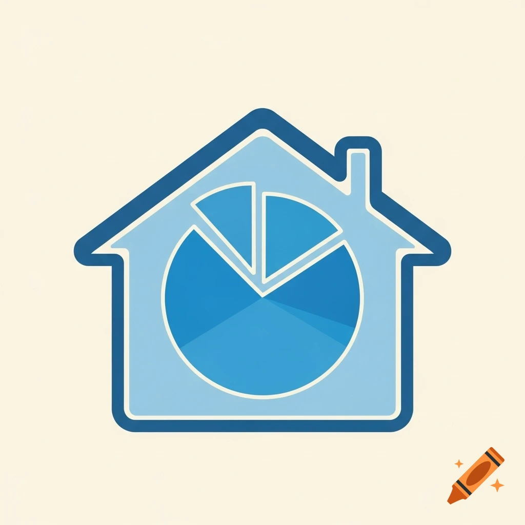 A blue house icon with a pie chart inside, on a light background.