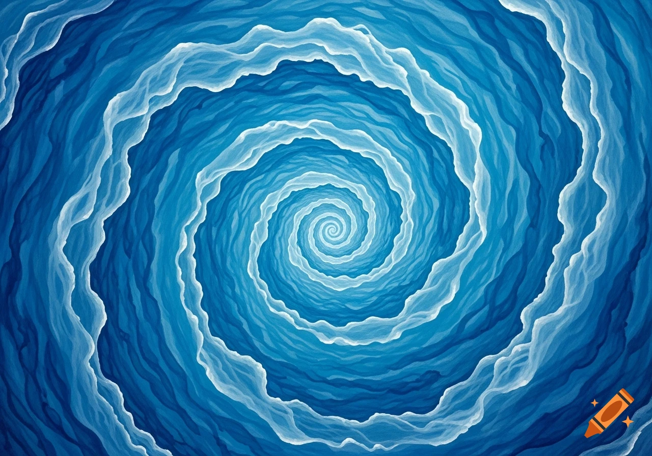 An abstract blue spiral resembling ocean waves or a whirlpool, with lighter wavy lines forming the edges of the spiral, in a watercolor style.