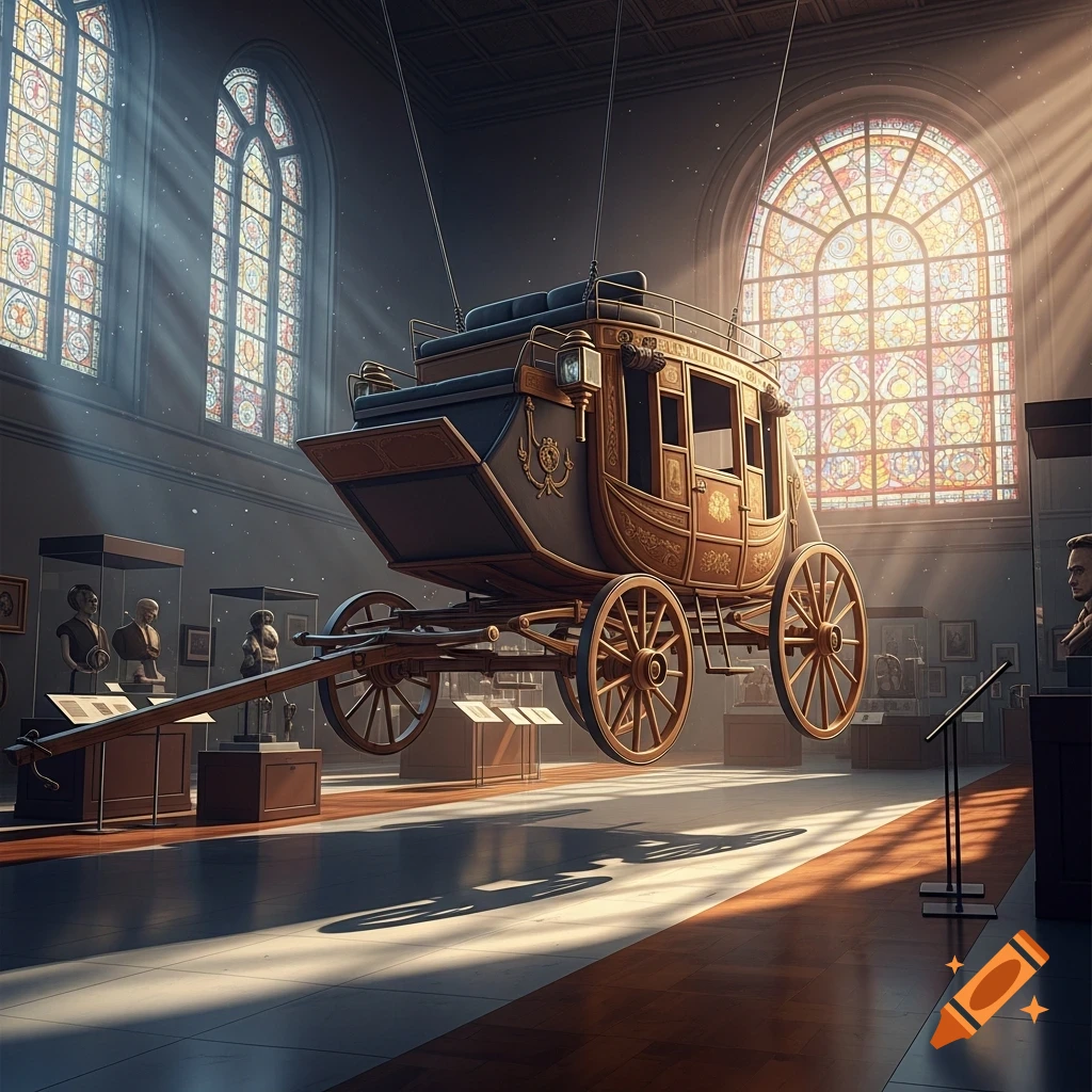 An antique stagecoach suspended in a dimly lit museum hall with sunbeams streaming through large stained-glass windows.