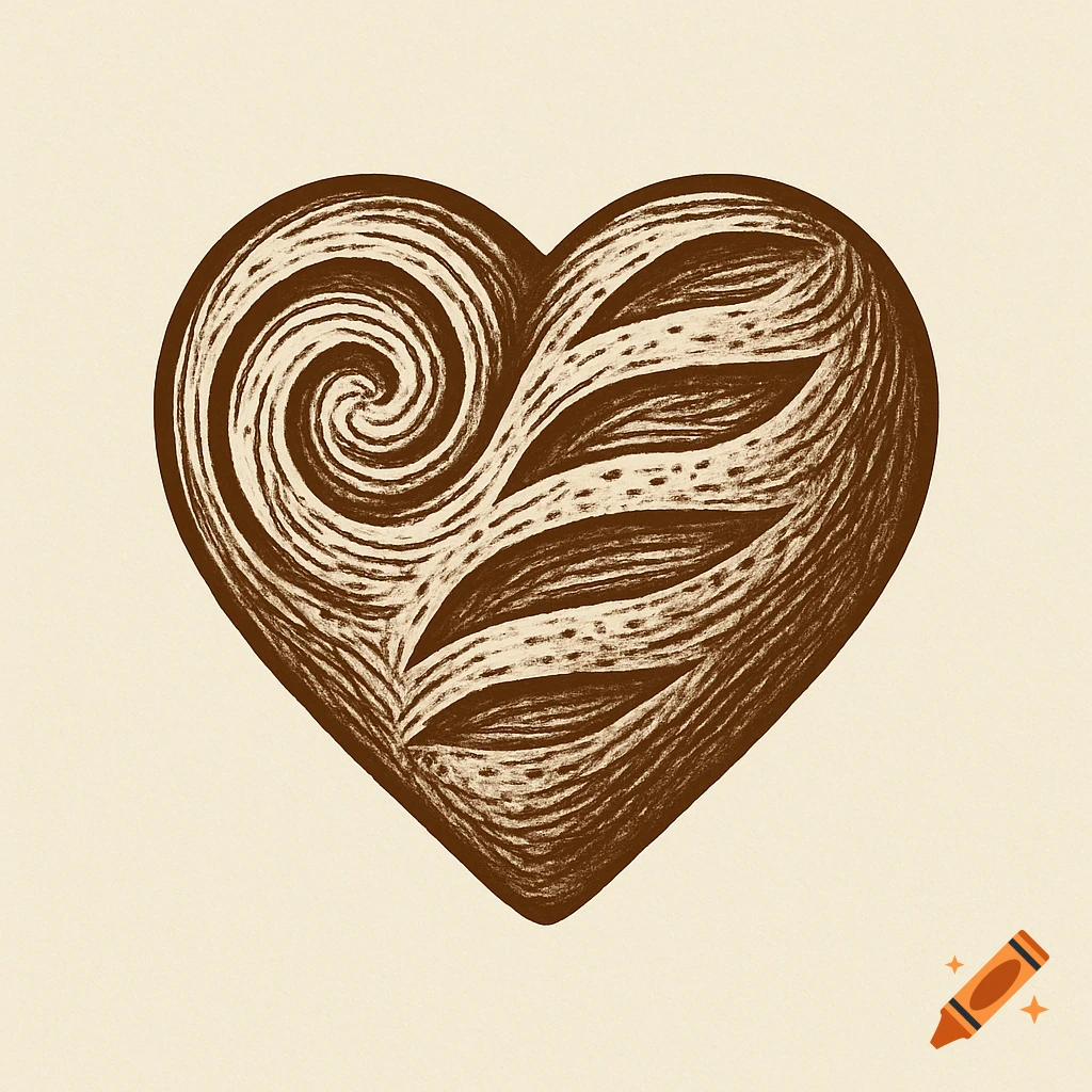 Monochromatic artisan-style heart logo with bread-like textures and a swirl design.
