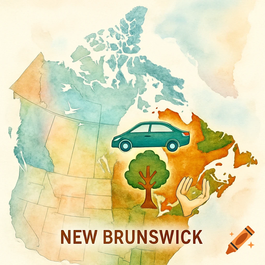 Watercolor map of Canada highlighting New Brunswick with icons of a car, tree, and supporting hands, and 'NEW BRUNSWICK' text.